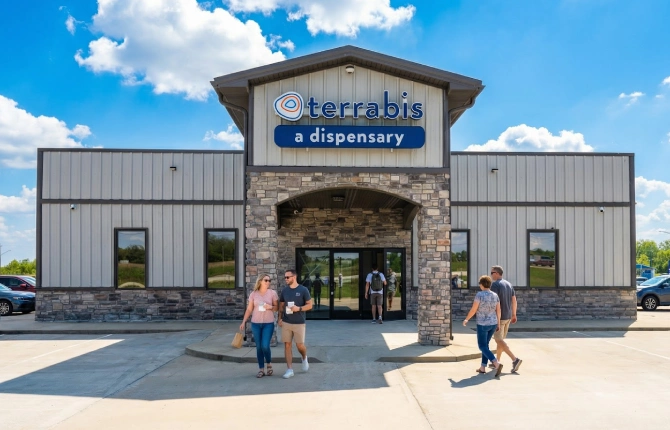 Terrabis Grayville dispensary storefront with customers outside